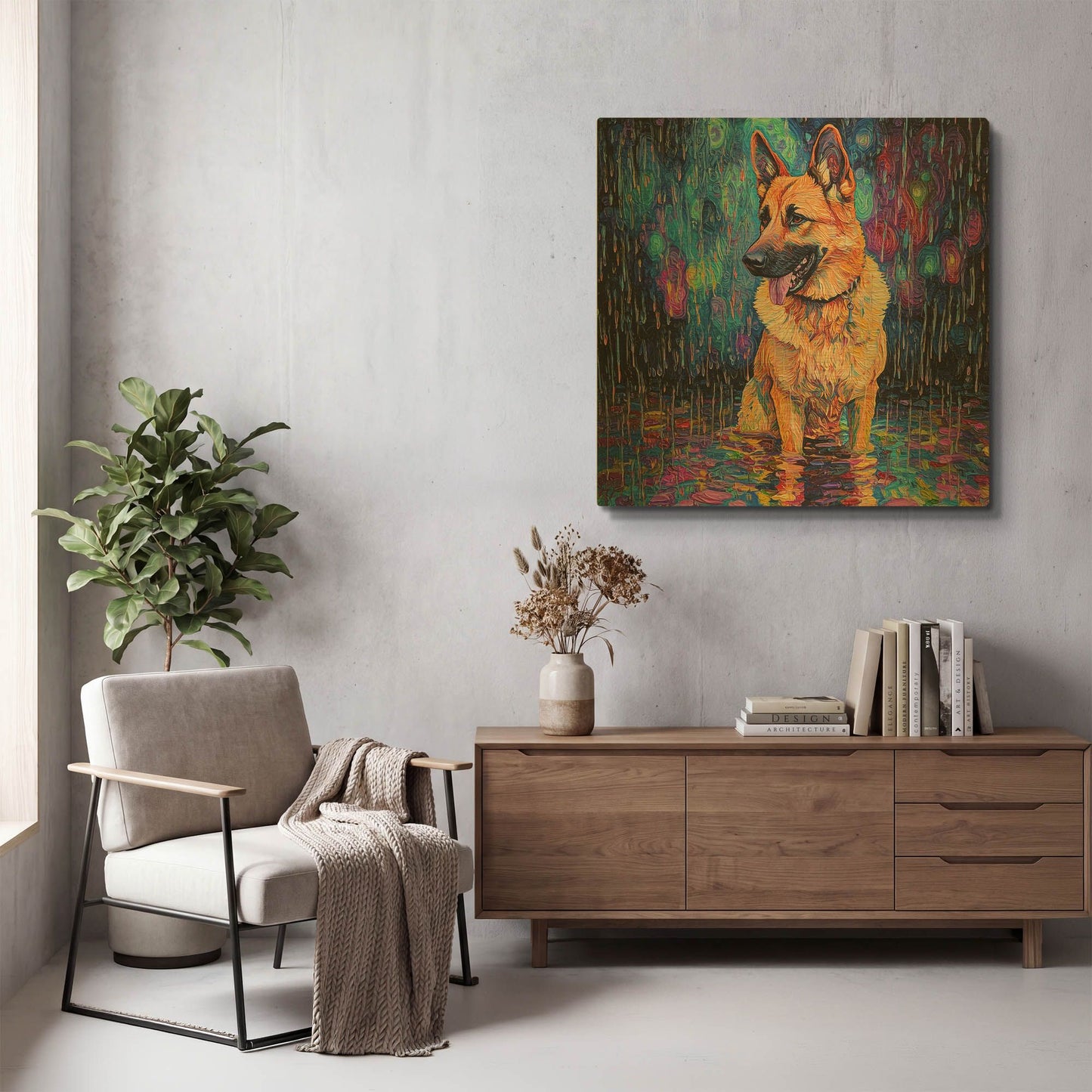 'German Shephard In The Rain' By Rich Monet Gold Metal Wall Art