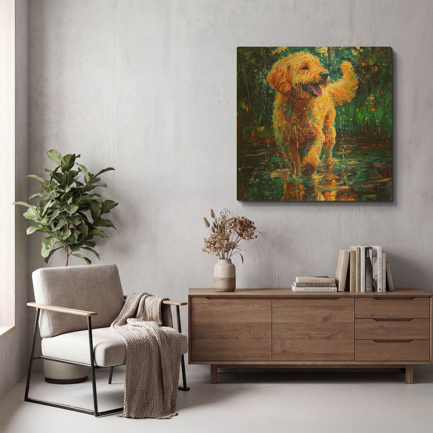 'Labradoodle In The Rain' By Rich Monet Gold Metal Wall Art