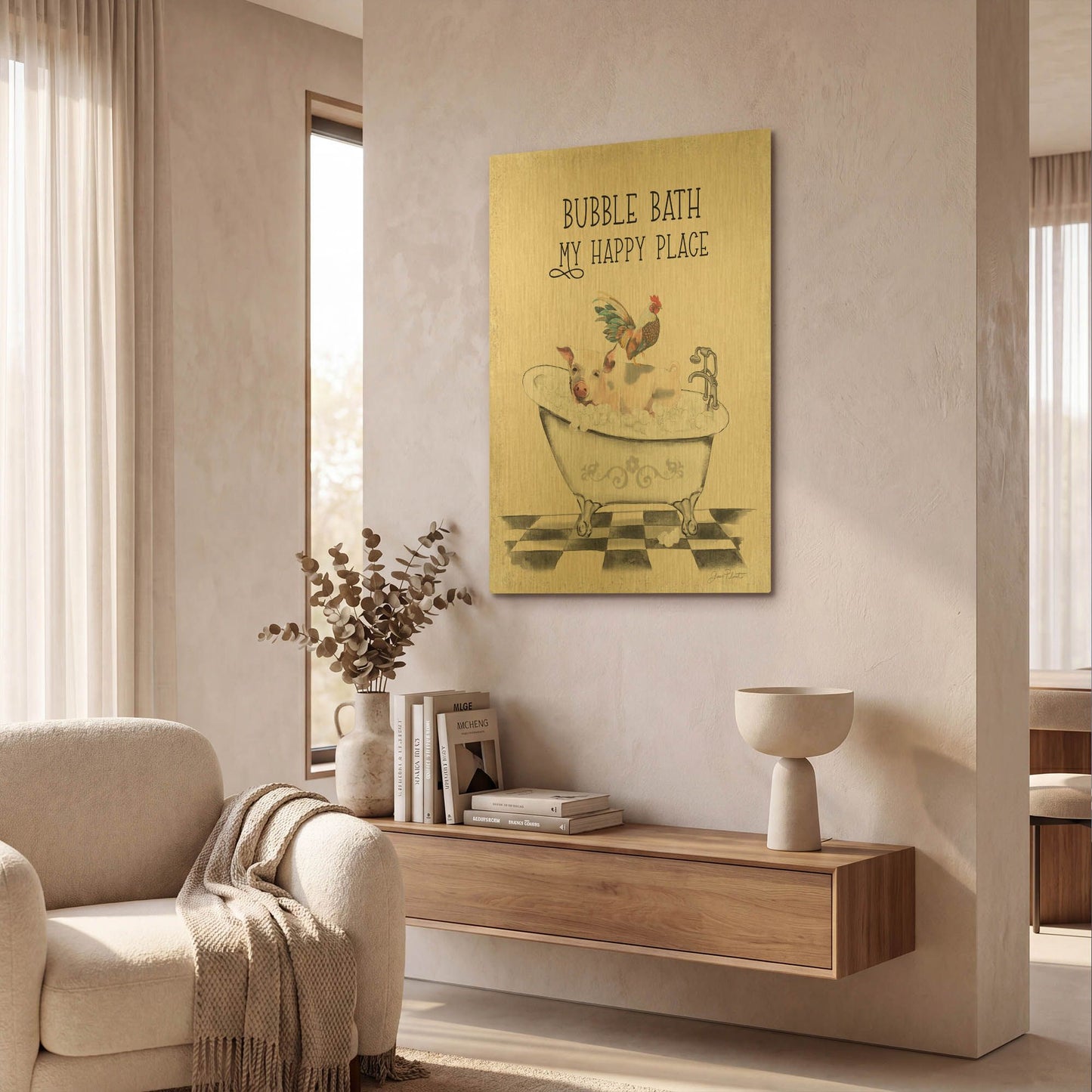 'Farm Animals Bath B' By Jean Plout Gold Metal Wall Art