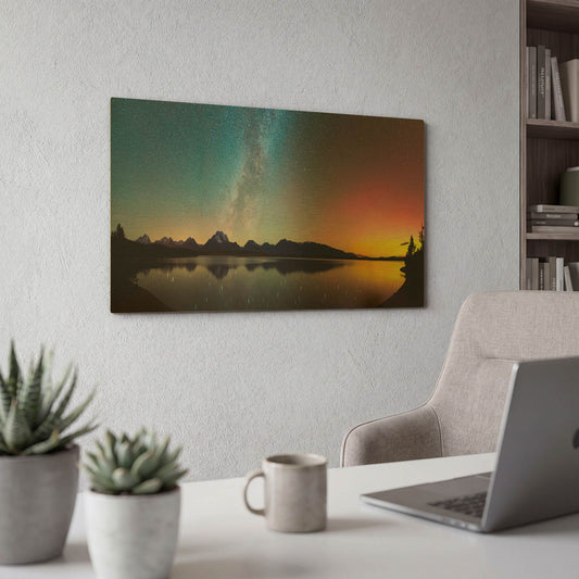 'Northern Lights over Jackson Lake Pano for Websites' By Darren White Gold Metal Wall Art