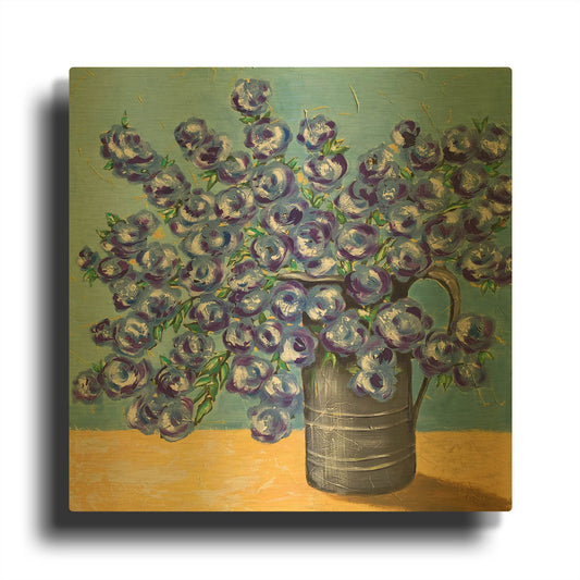 'Blue on Blue Watering Can' By Jade Reynolds Gold Metal Wall Art