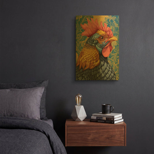 'Colorful Farm Rooster 2' By Rich Monet Gold Metal Wall Art
