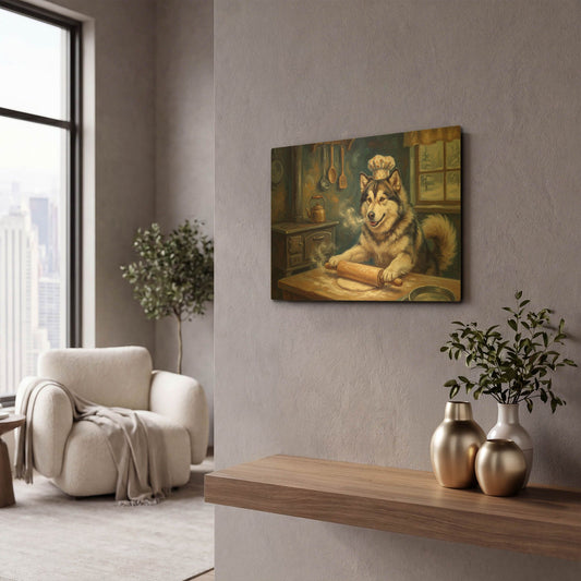 'Alaskan Malamute In The Kitchen' By Rich Monet Gold Metal Wall Art