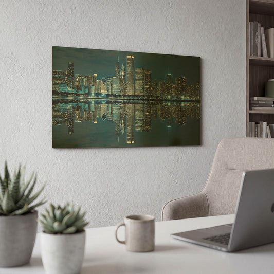 'Chicago Skyline At Night' By Rich Monet Gold Metal Wall Art