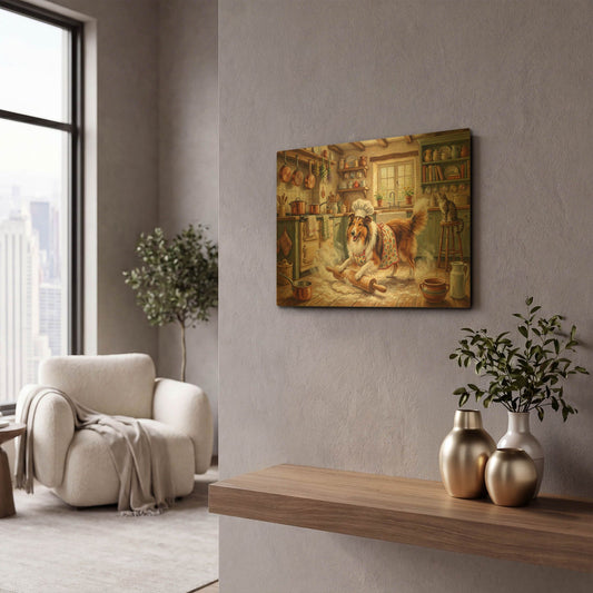 'Collie In The Kitchen' By Rich Monet Gold Metal Wall Art