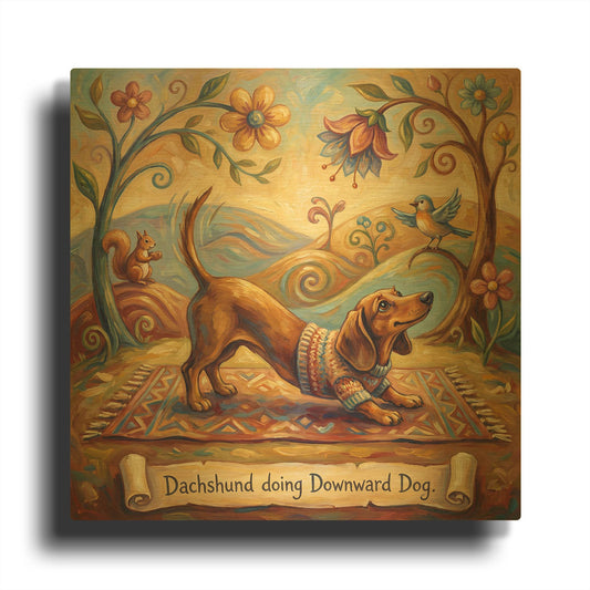 'Dachshund Yoga Downward Dog' By Rich Monet Gold Metal Wall Art