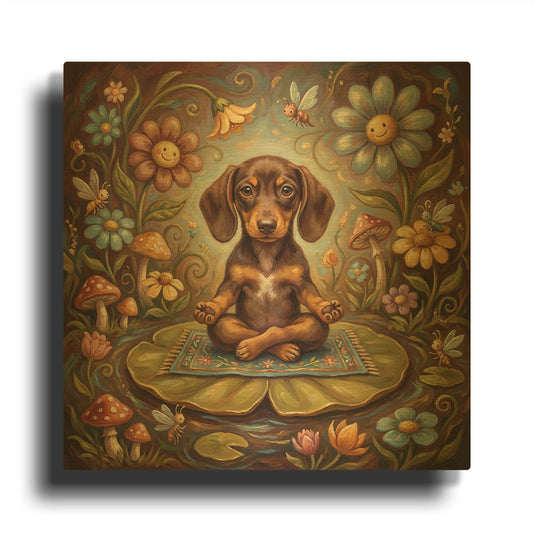 'Dachshund Yoga Lotus Pose' By Rich Monet Gold Metal Wall Art