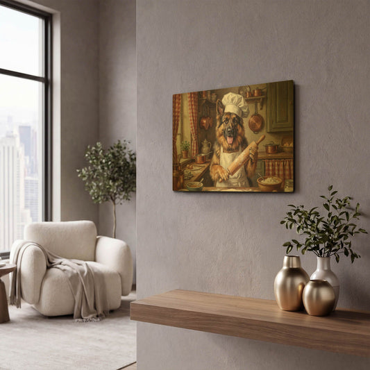 'German Shepherd In The Kitchen' By Rich Monet Gold Metal Wall Art