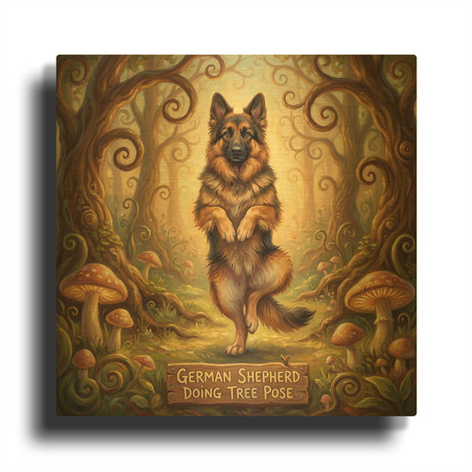 'German Shepherd Yoga Tree Pose' By Rich Monet Gold Metal Wall Art