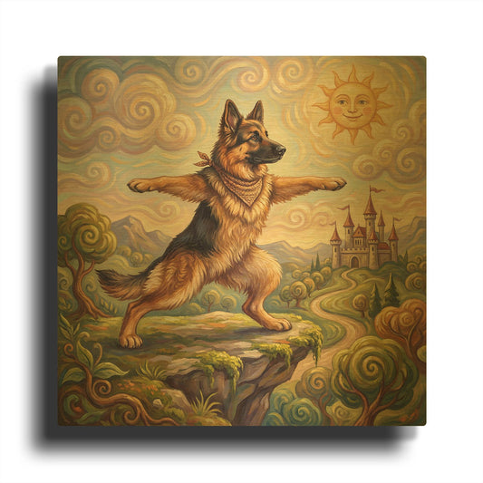 'German Shepherd Yoga Warrior Pose' By Rich Monet Gold Metal Wall Art