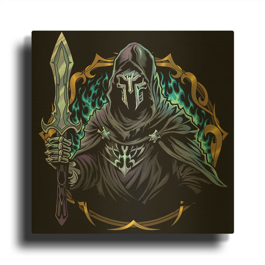 'Dark Shrouded Knight With Sword' By Flyland Designs Gold Metal Wall Art