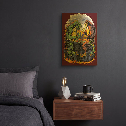 'Kaiju Monsters Playing Board Game On Destroyed City' By Flyland Designs Gold Metal Wall Art