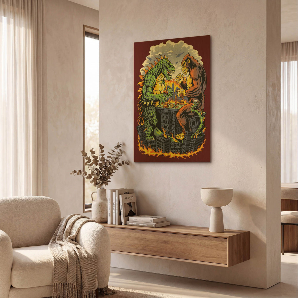 'Kaiju Monsters Playing Board Game On Destroyed City' By Flyland Designs Gold Metal Wall Art