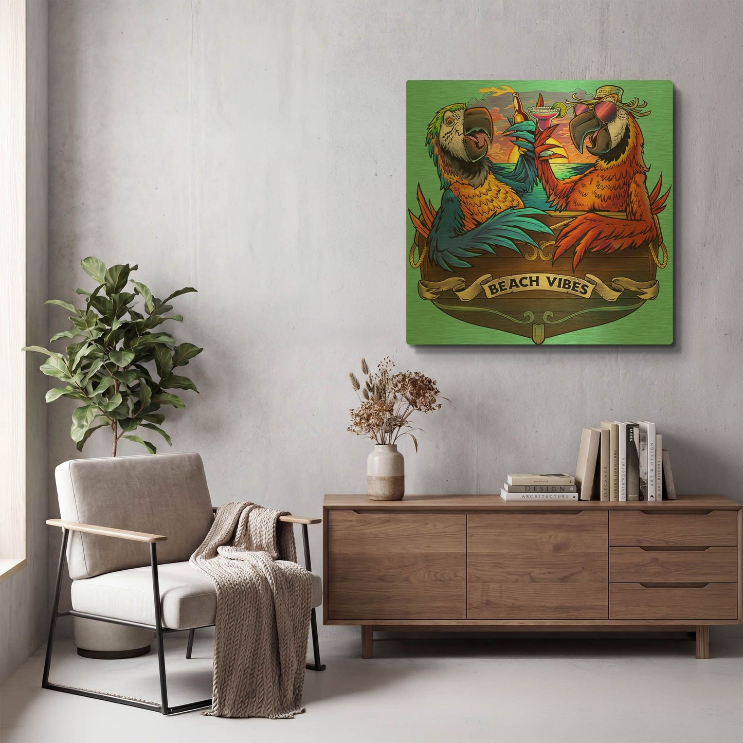 'Parrots Drinking At Sunset' By Flyland Designs Gold Metal Wall Art