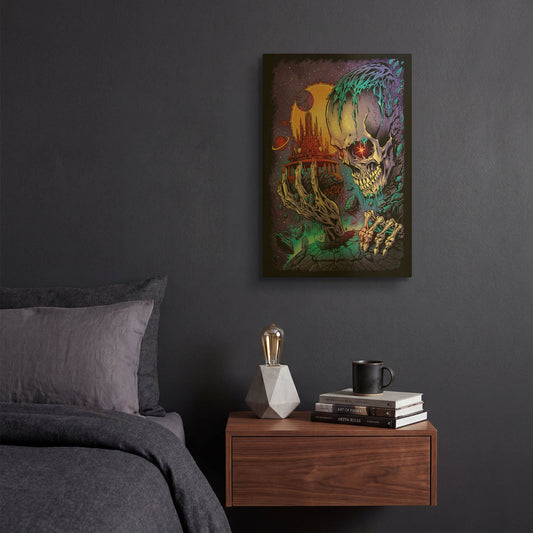 'Space Skull Holding Temple' By Flyland Designs Gold Metal Wall Art