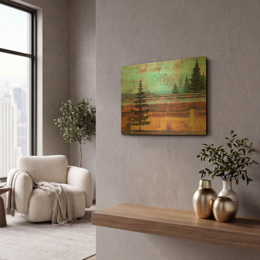 'Abstract Misty Landscape With Trees' By Jean Plout Gold Metal Wall Art