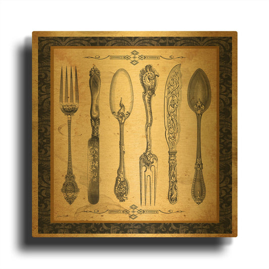 'Adriana Silverware Vignette Vintage' By Jean Plout Gold Metal Wall Art