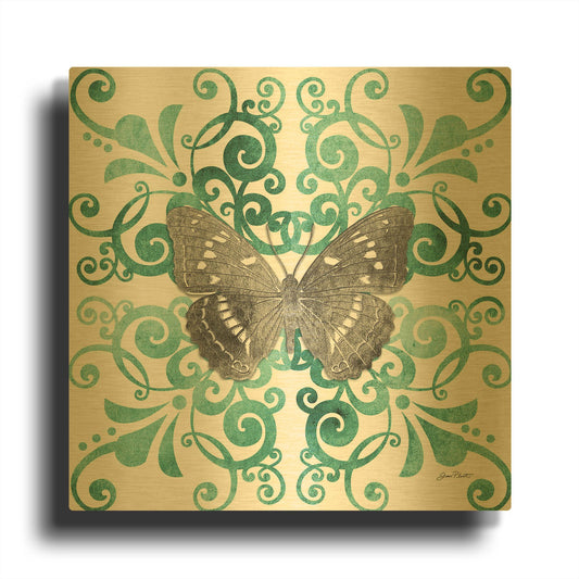 'Aqua Tile With Butterfly B' By Jean Plout Gold Metal Wall Art
