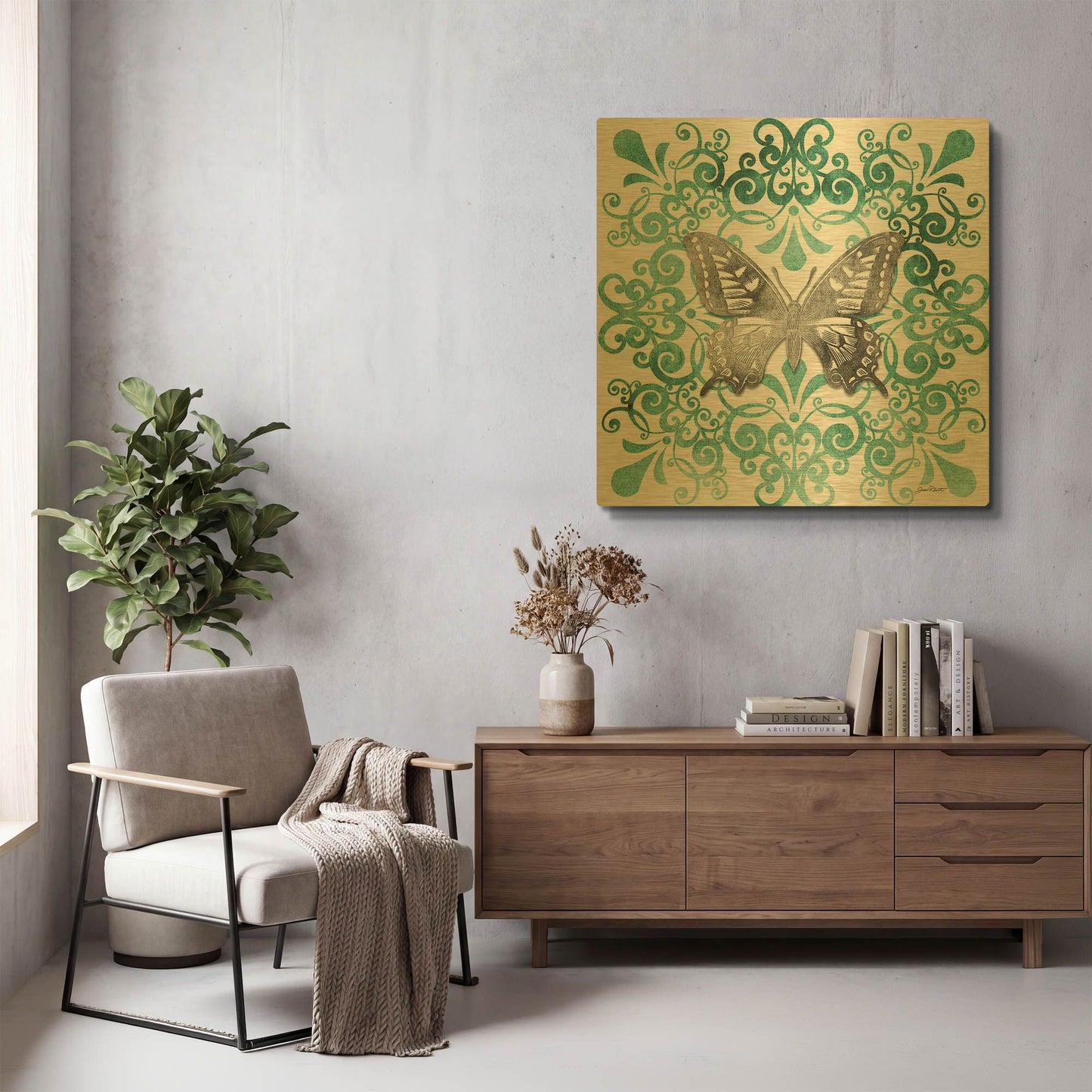 'Aqua Tile With Butterfly C' By Jean Plout Gold Metal Wall Art