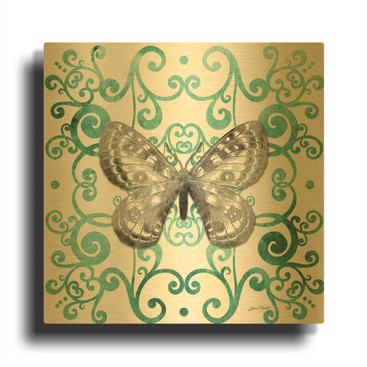 'Aqua Tile With Butterfly D' By Jean Plout Gold Metal Wall Art