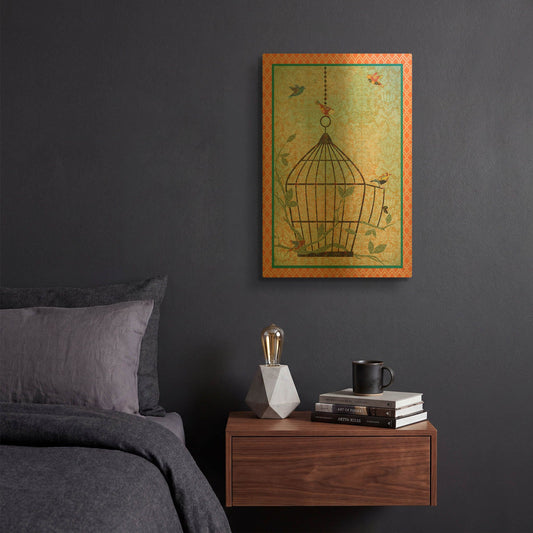 'Bird Cage Escape-Grungy' By Jean Plout Gold Metal Wall Art