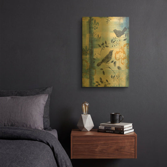 'Blue Plaid With Birds A' By Jean Plout Gold Metal Wall Art