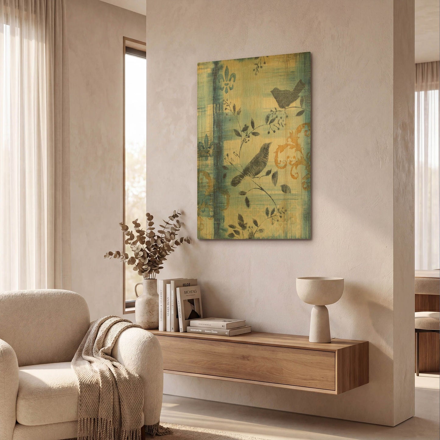 'Blue Plaid With Birds A' By Jean Plout Gold Metal Wall Art