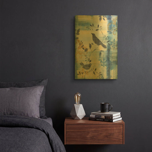 'Blue Plaid With Birds B' By Jean Plout Gold Metal Wall Art