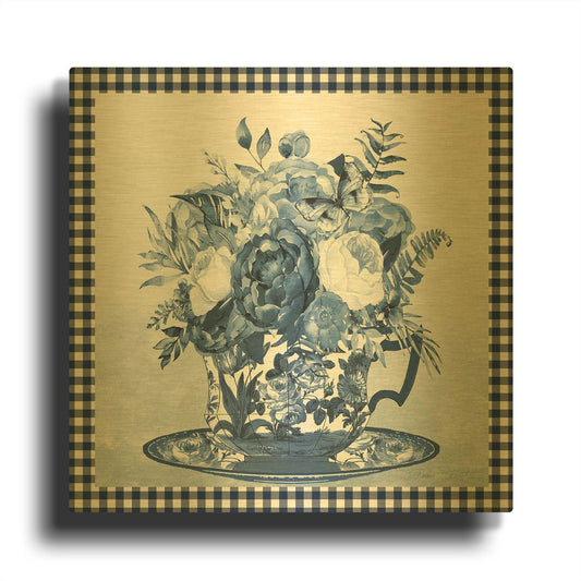 'Blue Teacup Bouquet B' By Jean Plout Gold Metal Wall Art