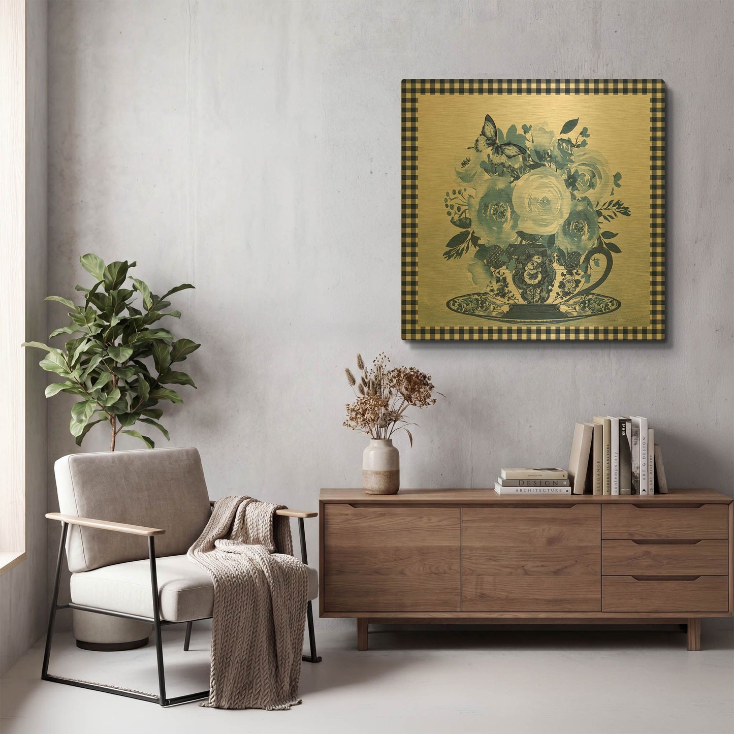 'Blue Teacup Bouquet C' By Jean Plout Gold Metal Wall Art