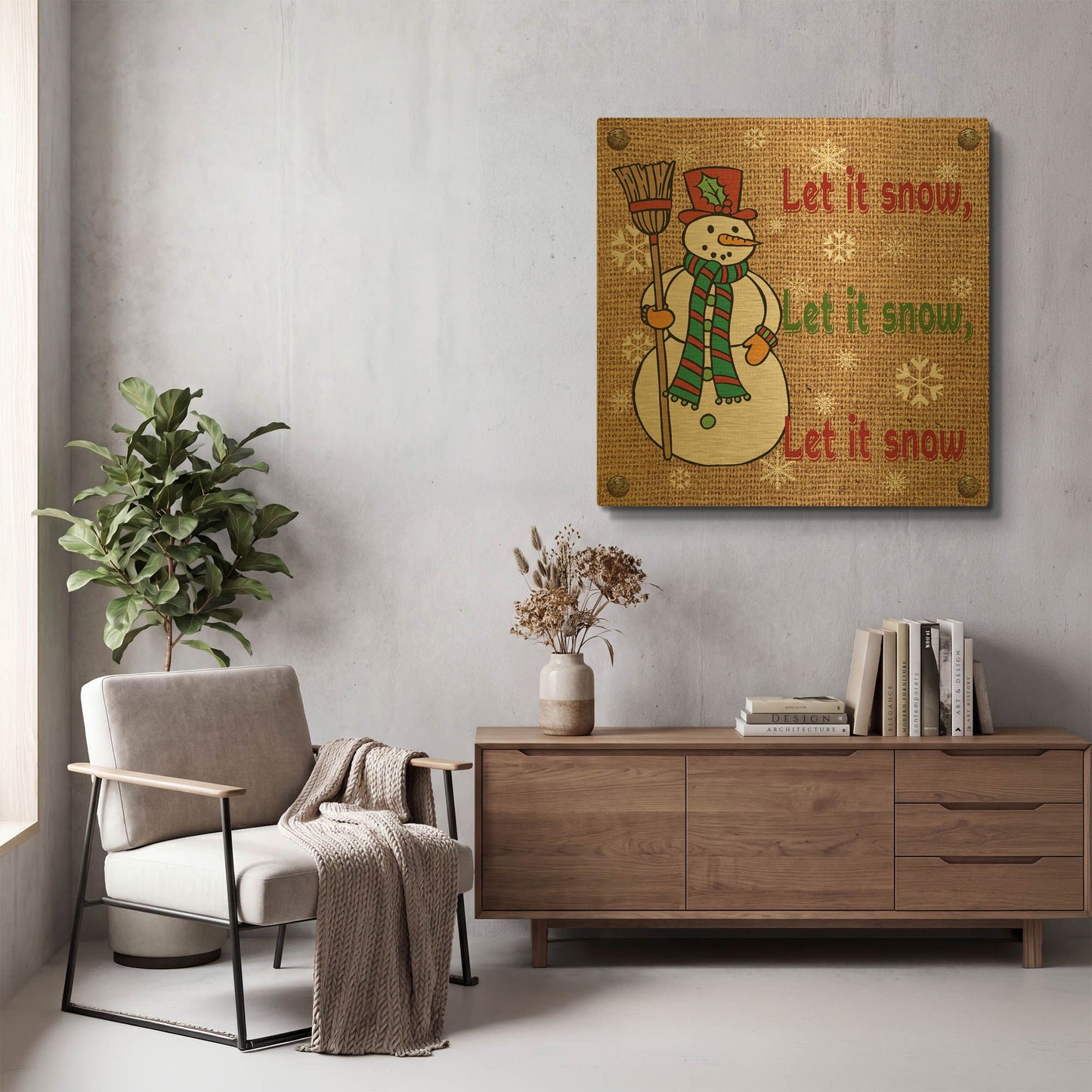 'Christmas On Burlap Let it Snow' By Jean Plout Gold Metal Wall Art