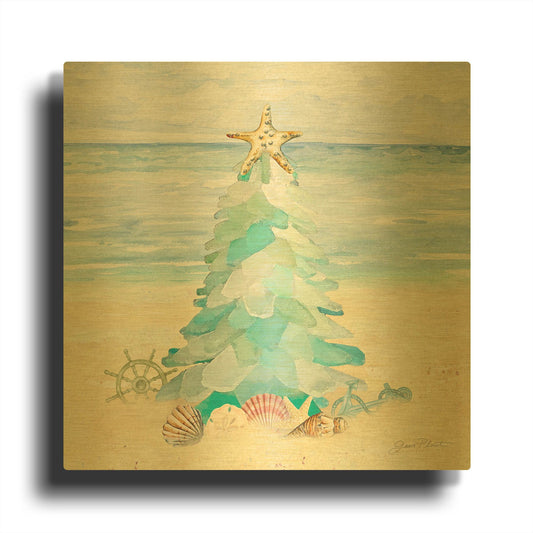 'Coastal Sea Glass Christmas Tree' By Jean Plout Gold Metal Wall Art