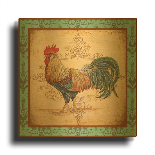 'Cockadoodledoo E Aqua Border' By Jean Plout Gold Metal Wall Art