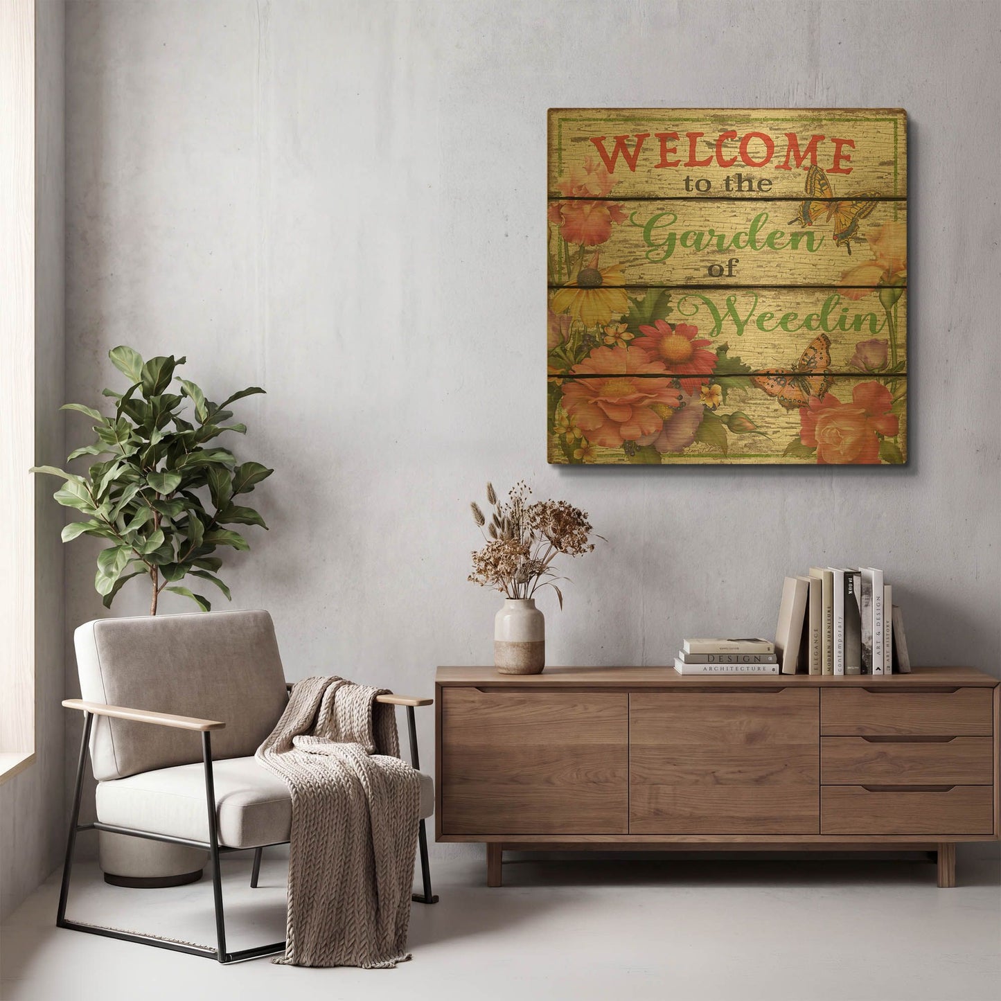 'Country Garden Sign E' By Jean Plout Gold Metal Wall Art