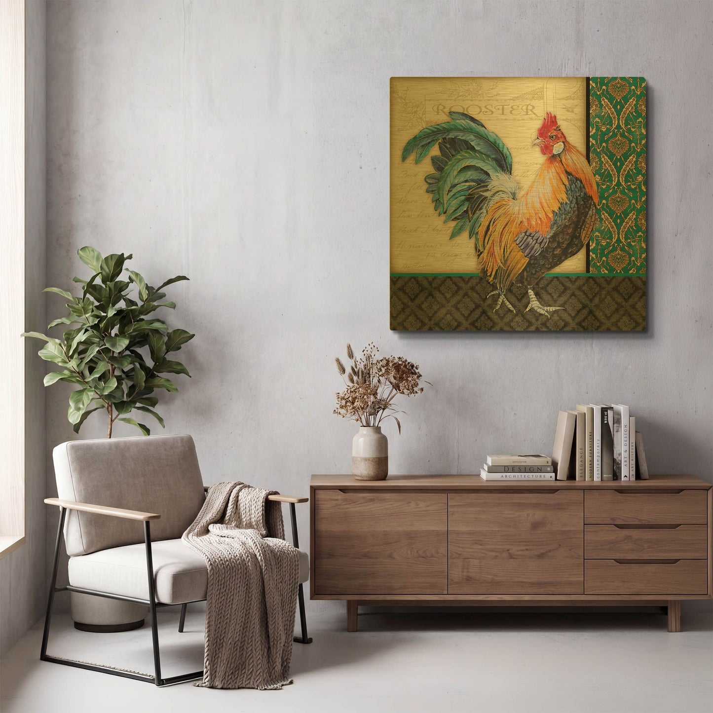 'Damask Rooster A' By Jean Plout Gold Metal Wall Art