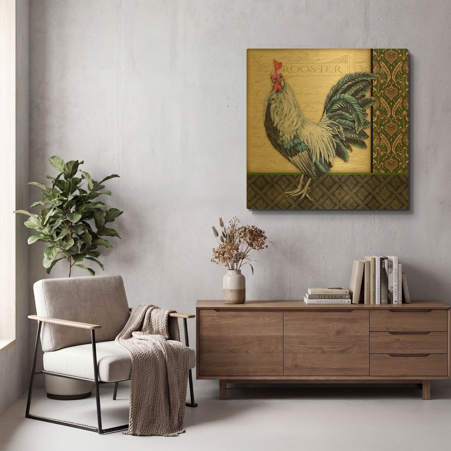 'Damask Rooster B' By Jean Plout Gold Metal Wall Art