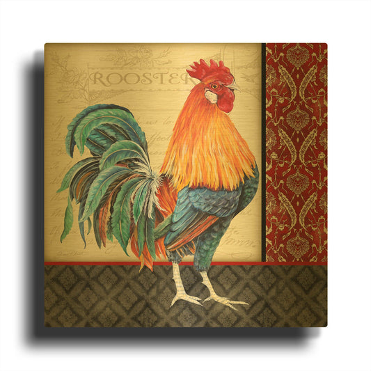 'Damask Rooster D' By Jean Plout Gold Metal Wall Art