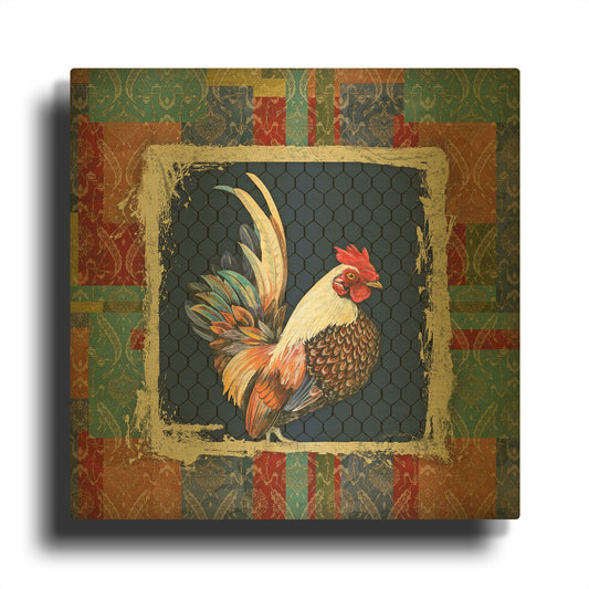 'Damask Rooster O' By Jean Plout Gold Metal Wall Art