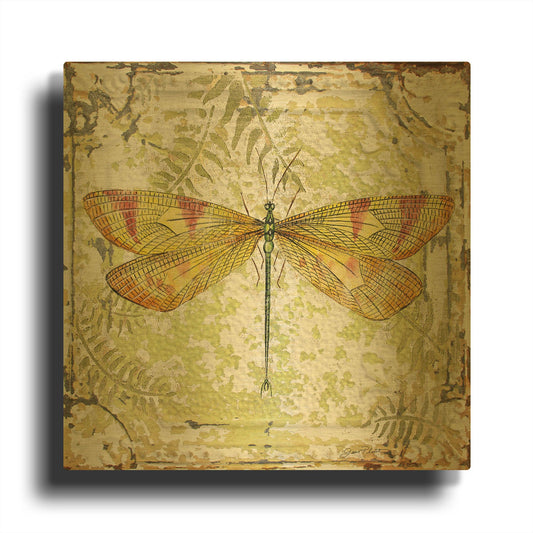 'Dragonfly A On Tin Tile' By Jean Plout Gold Metal Wall Art