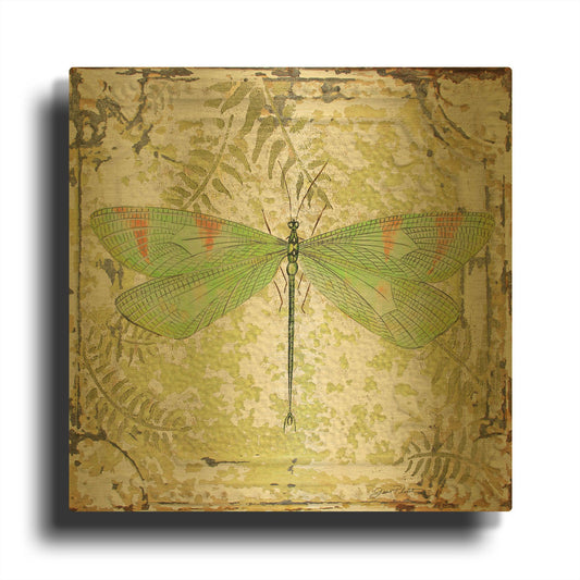'Dragonfly E On Tin Tile' By Jean Plout Gold Metal Wall Art