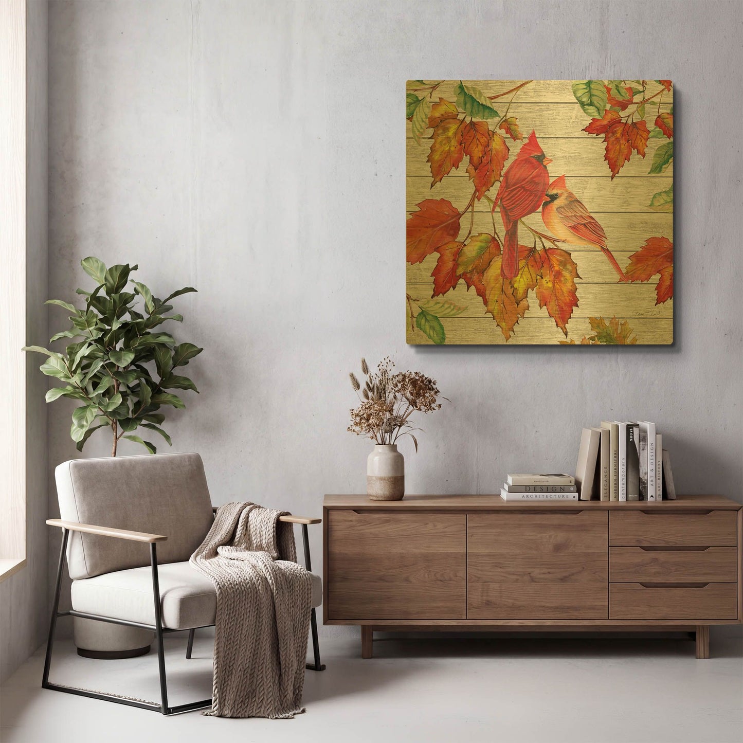 'Fall Cardinals B' By Jean Plout Gold Metal Wall Art