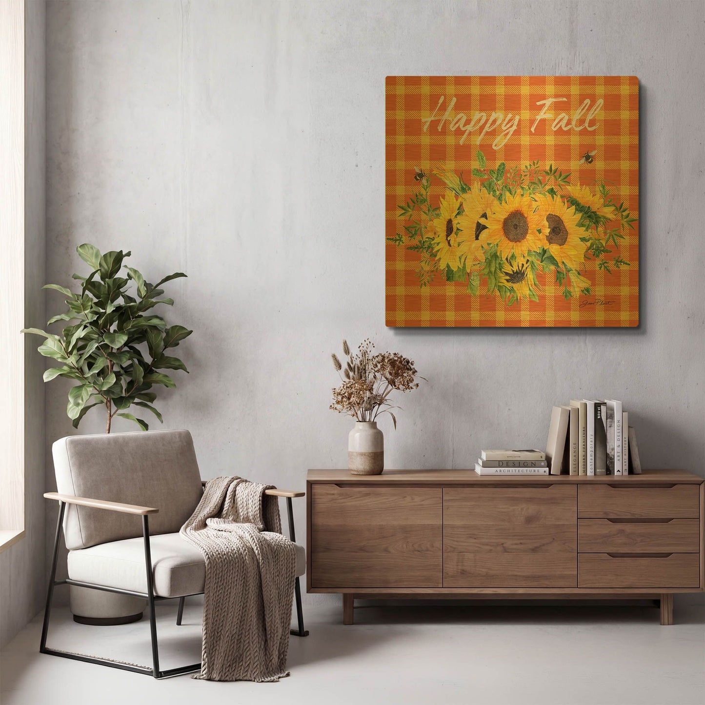 'Fall Plaid Celebration A' By Jean Plout Gold Metal Wall Art
