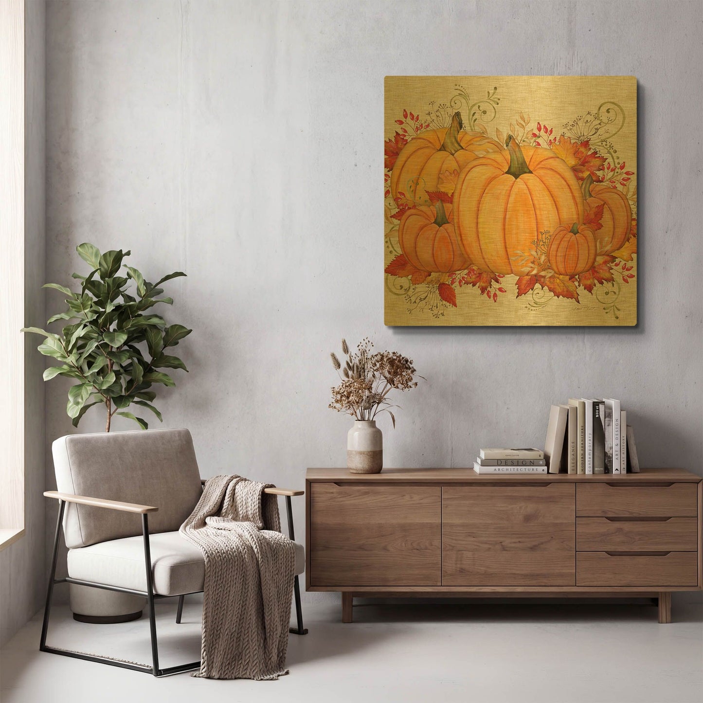 'Fall Pumpkins A' By Jean Plout Gold Metal Wall Art