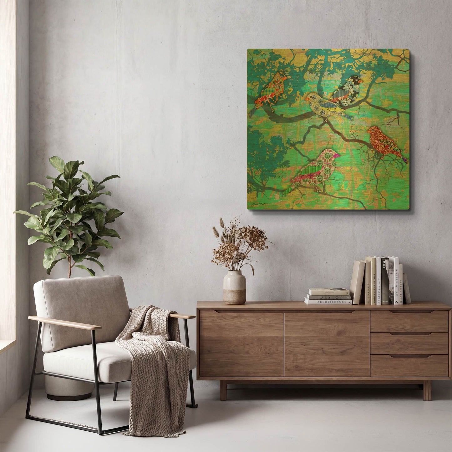 'Finch Paradise' By Jean Plout Gold Metal Wall Art