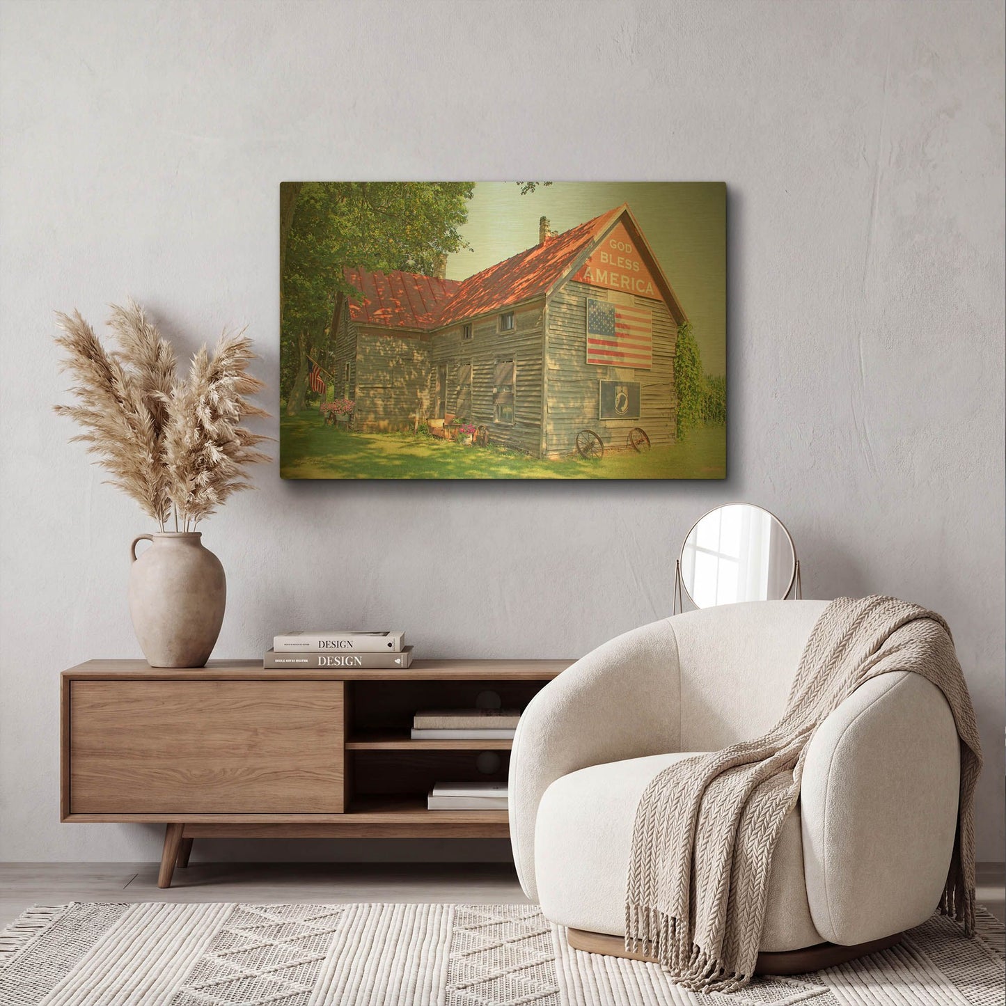 'God Bless America House 4' By Jean Plout Gold Metal Wall Art