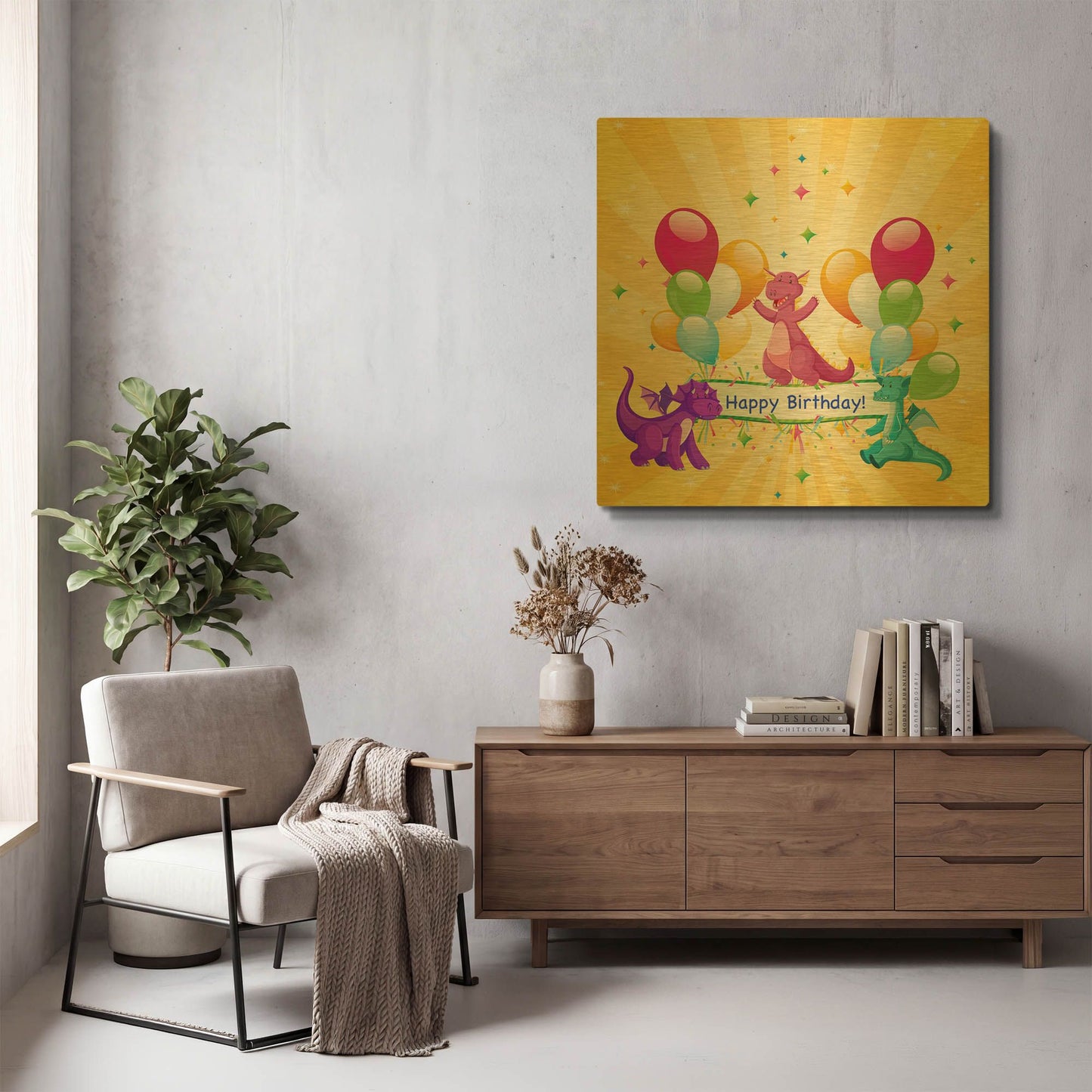 'Happy Birthday Dragons' By Jean Plout Gold Metal Wall Art