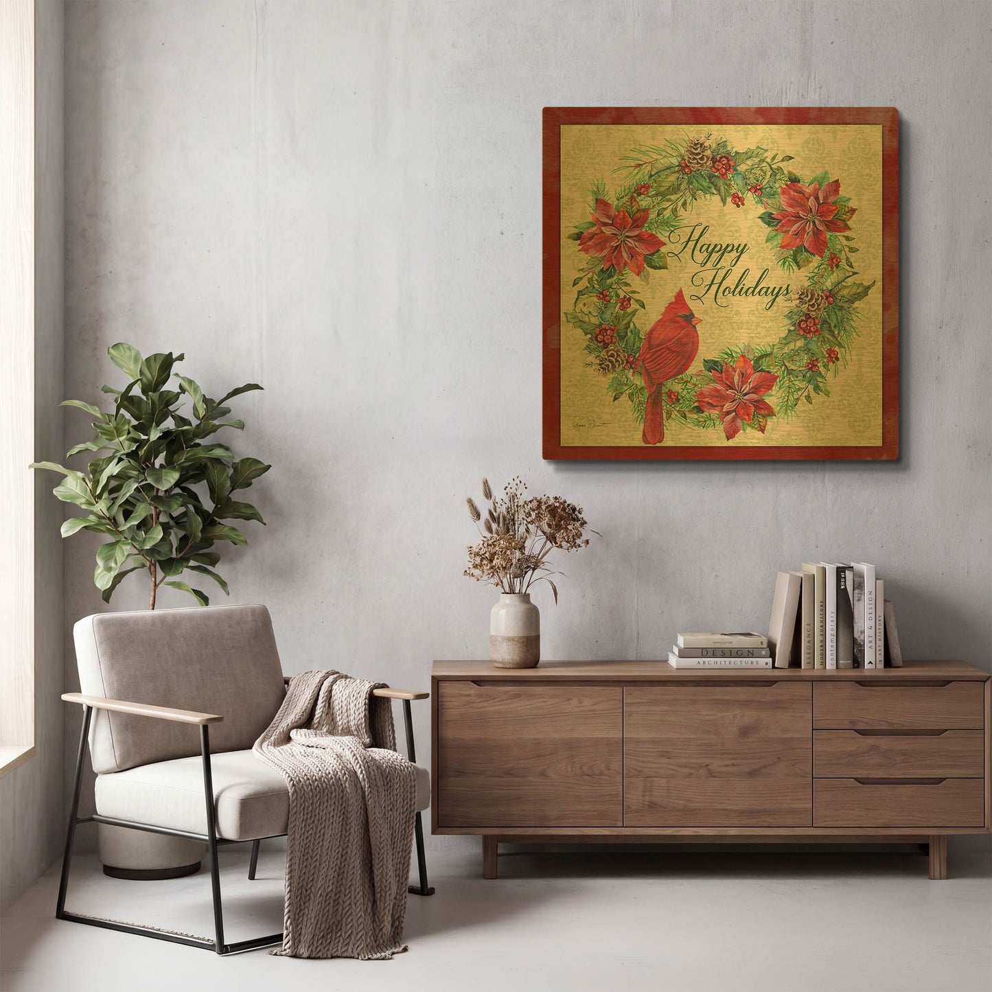 'Happy Holidays Wreath' By Jean Plout Gold Metal Wall Art
