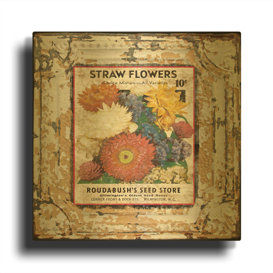 'Tin Tile Straw Flowers' By Jean Plout Gold Metal Wall Art