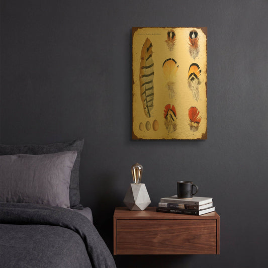 'Vintage Feather Study E' By Jean Plout Gold Metal Wall Art