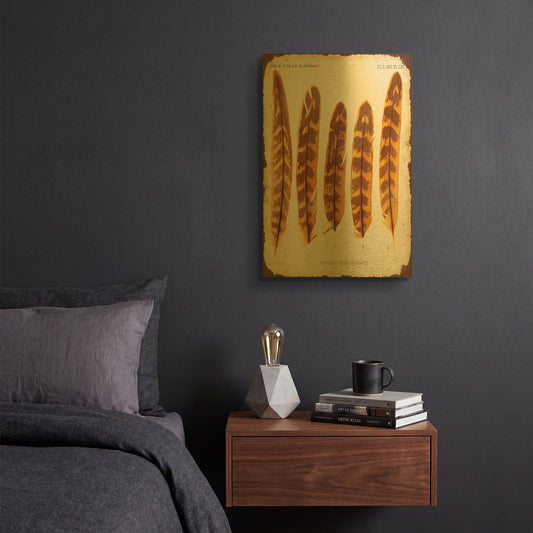 'Vintage Feather Study K' By Jean Plout Gold Metal Wall Art